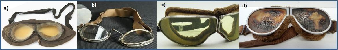 Figure 10. The stronger; nationally distinctive goggles, which tended to be used in the last couple of years of WWI. Although pilots still had the freedom to wear whatever they felt comfortable with, these tended to dominated certain air forces. a) the RFC/RAF Mk I & Mk II goggle mask. b) the French Meyrowitz goggles. c) German ‘Standard Goggles’, developed from a French design. d) U.S. Resistal NAK goggles. The U.S. also used the RAF and Meyrowitz goggles in large numbers whilst their manufactures tooled up.