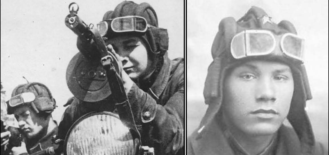 Figure17. The wartime RKKA design had three variations in the length of the windows to increase peripheral vision or fit the individual soldier’s face. Left, the large ‘long window’ version on a motorcycle-sidecar team. Right, a RKKA tank crew member with the smaller ‘short window’ version.