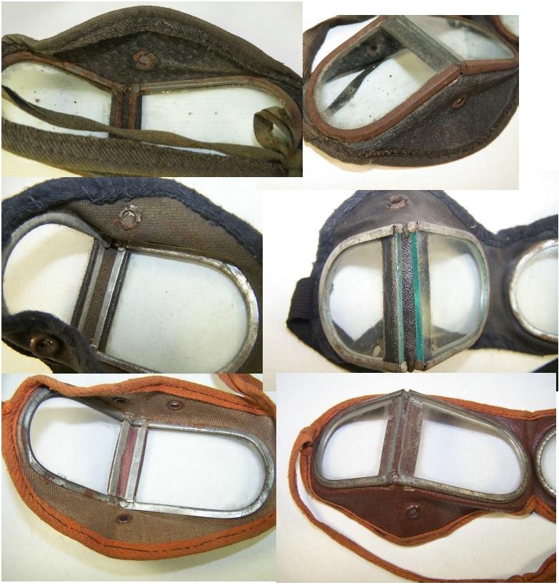 Figure 18. RKKA versions of the Russian military ‘Protective Goggles’. Top, the course leather version, introduced in 1934, it was used until early WWII when shortages lead to an identical design using vinyl coated cotton canvas. Note the ‘hinge’ is actually a part of the flexible face mask. The same version was issued until 1954, when cheaper versions appear. Note the middle one is a small size with shorter ‘D’- frames.