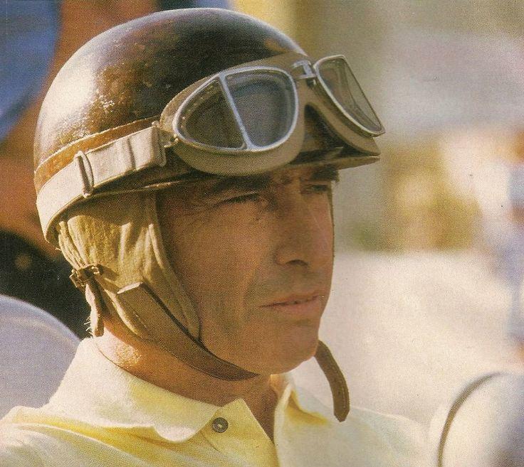 Figure 29. Post-war Italian ‘Protector’ laminated split lens goggles, by Ratti. Here worn by racing driver Fangio in the early 1950’s. Also produced with dark tinting as ‘Persol’ -‘for the sun’.