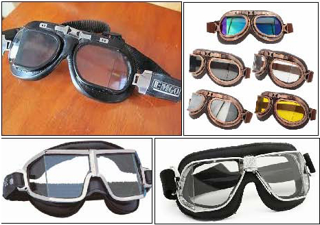 Figure 33. Other current manufacturers. Top left, a pair sold by the US company, EMG0. Top right, generic examples from China. Bottom right, split lens goggles by the Spanish company Climax. Bottom left, by the Italian company Nannini