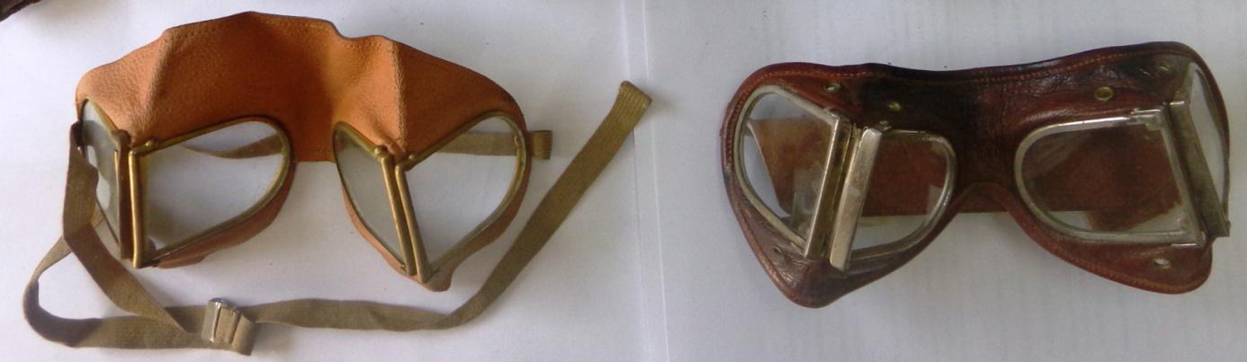 Figure 4. Left, an Edwardian pair (~1900-1910), with thin brass frames, and the ‘hinge’ is part of the kid leather mask. Probably French as it has an embossed fleur-de-lis on the slider. The leather often came with a green silk backing. Right, a WWI era version, nickel plated steel, with metal hinge. This pair has ‘KM’ on the strap buckle/slider, and is thought to be German.