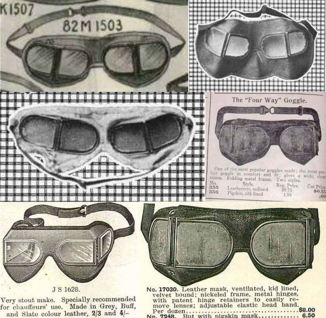 Figure 6. Top left, New York’s Macy’s catalogue, 1904; top right and middle left, Sak’s catalogue, New York, 1905. Middle right, 1910, National Auto Supply Company, New York; bottom left, 1913 British advertisement (William Whitley Ltd), bottom right, 1915 U.S. (B.A.&CO. Chicago). Note, that both the middle and bottom right advertisements, although 5 years apart have the same image, they show a patented metal hinge, others relied on cloth hinges.